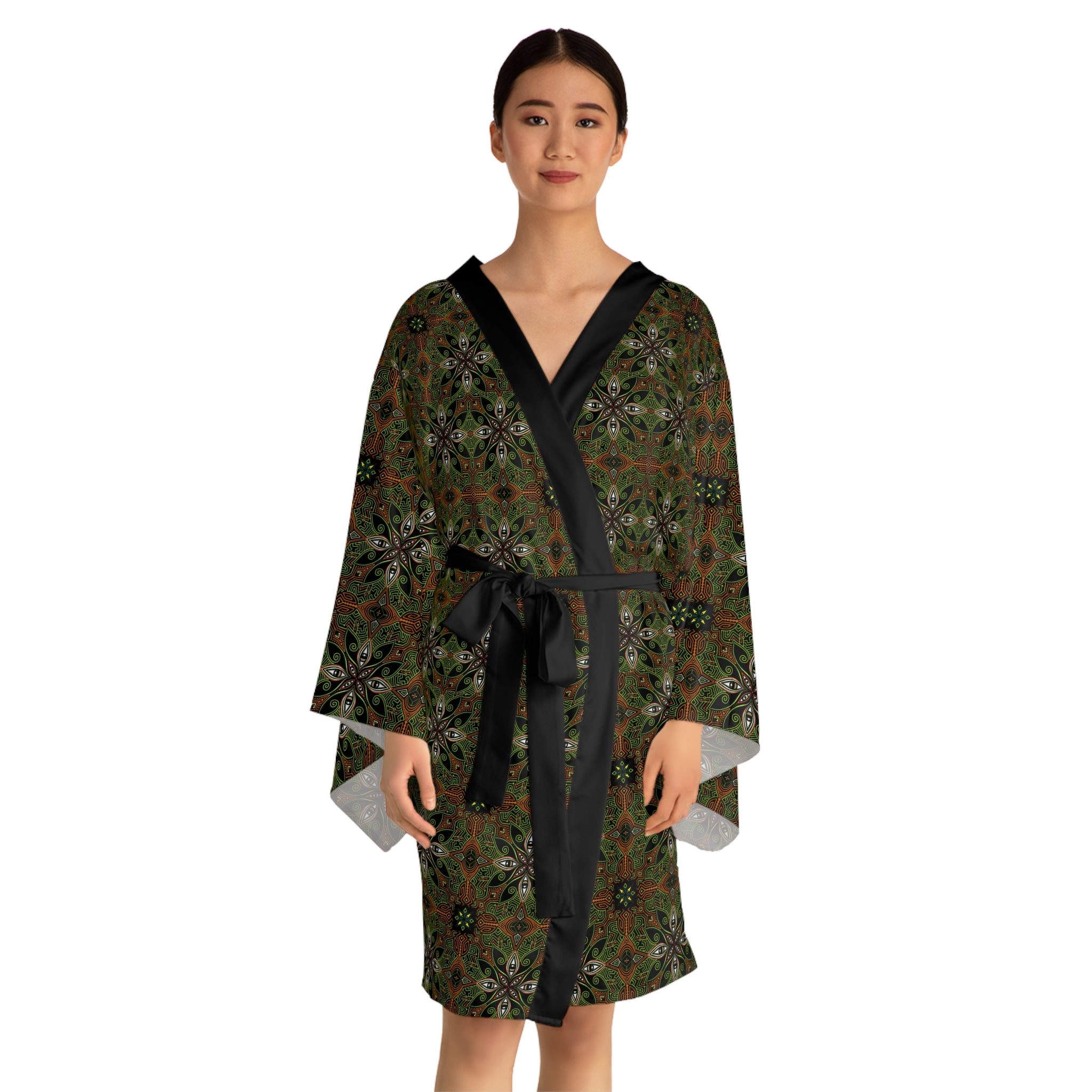 Green Floral Mandala Pattern Kimono Robe | Long Sleeve