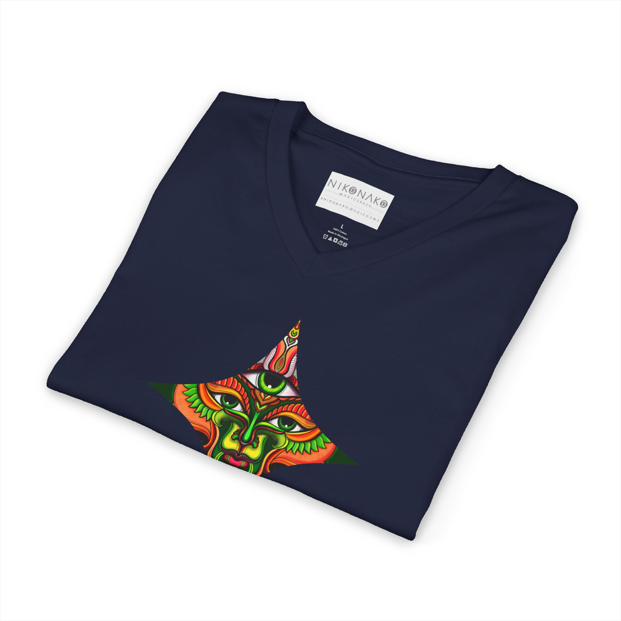 Tribal Mask Diamond Tee — Vibrant Ethnic Face Graphic V‑Neck T‑Shirt #hg 08656