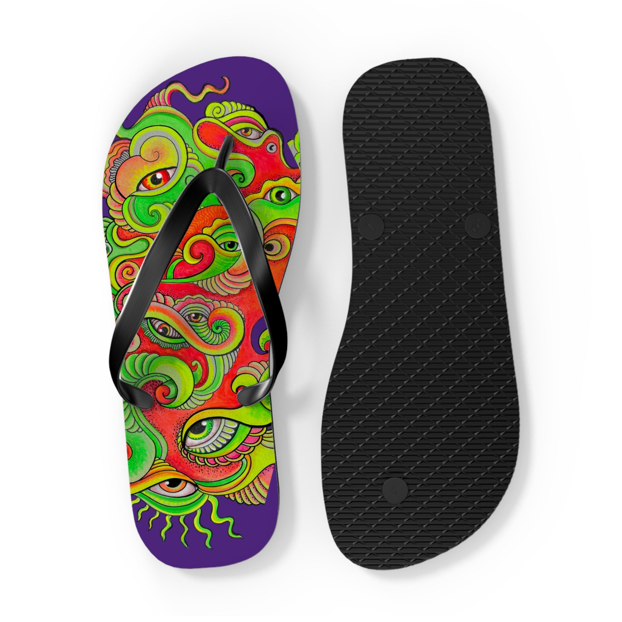 Psychedelic Eye Pattern Flip Flops — Colorful Trippy Summer Sandals #s873455211
