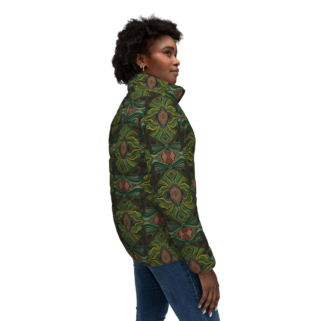 Green Kaleidoscope Women's Puffer Jacket — All-Over Pattern Winter Coat  #pj1