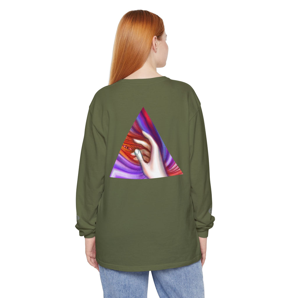 Long Sleeve T-Shirt — Triangular Hand Art Graphic (White) #sh26774