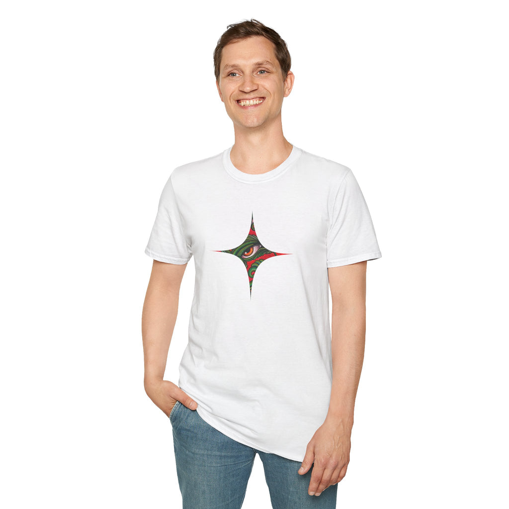 Geometric Tribal Eye Tee — Abstract Red & Green Triangle Graphic T-Shirt #sx432177