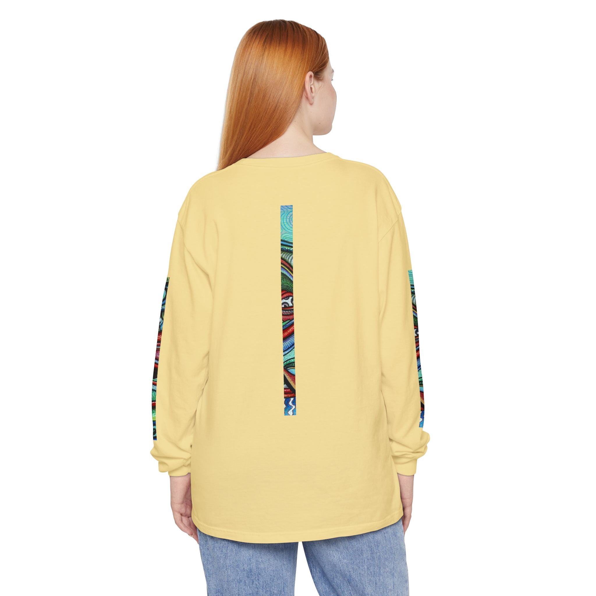 Psychedelic Starburst Long Sleeve Tee — Colorful Eye & Sleeve Stripe Design #k976344