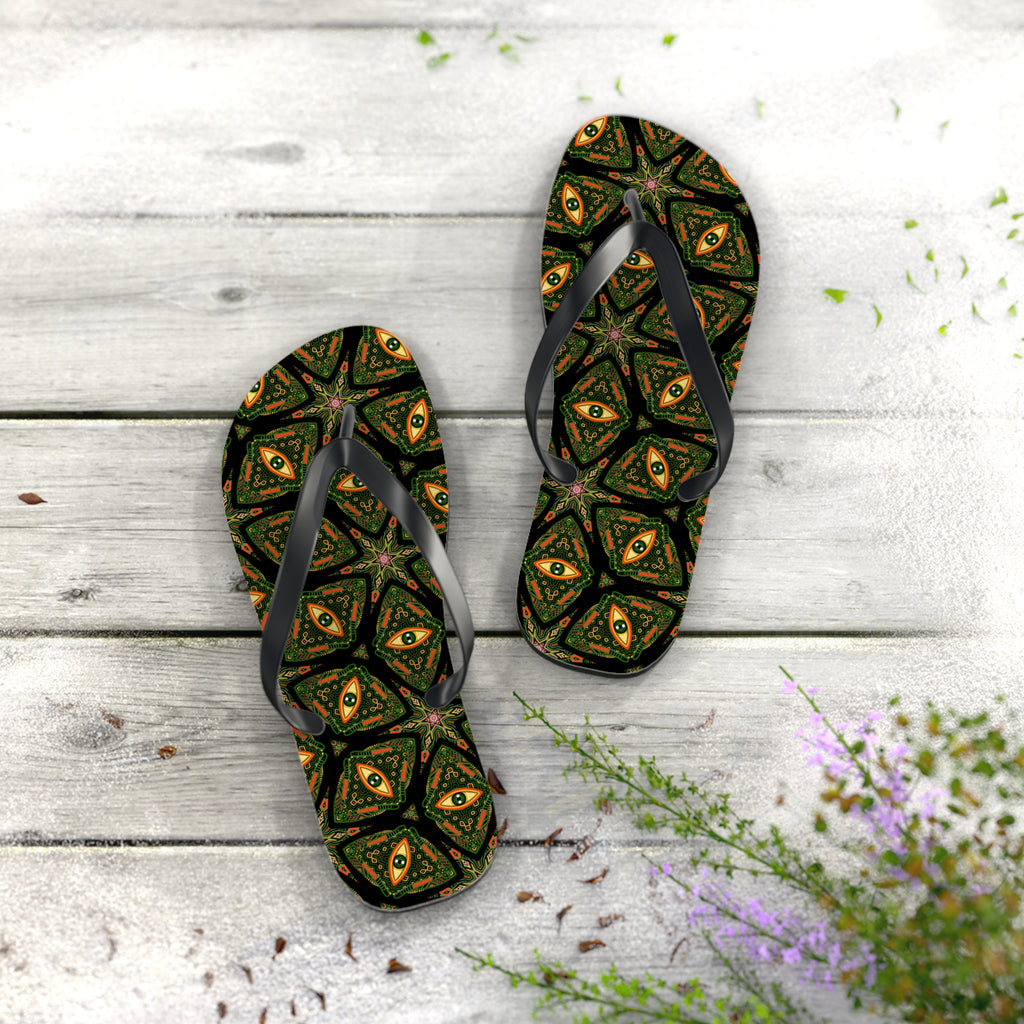 Kaleidoscope Green Pattern Flip Flops — Boho Summer Beach Sandals #k9753