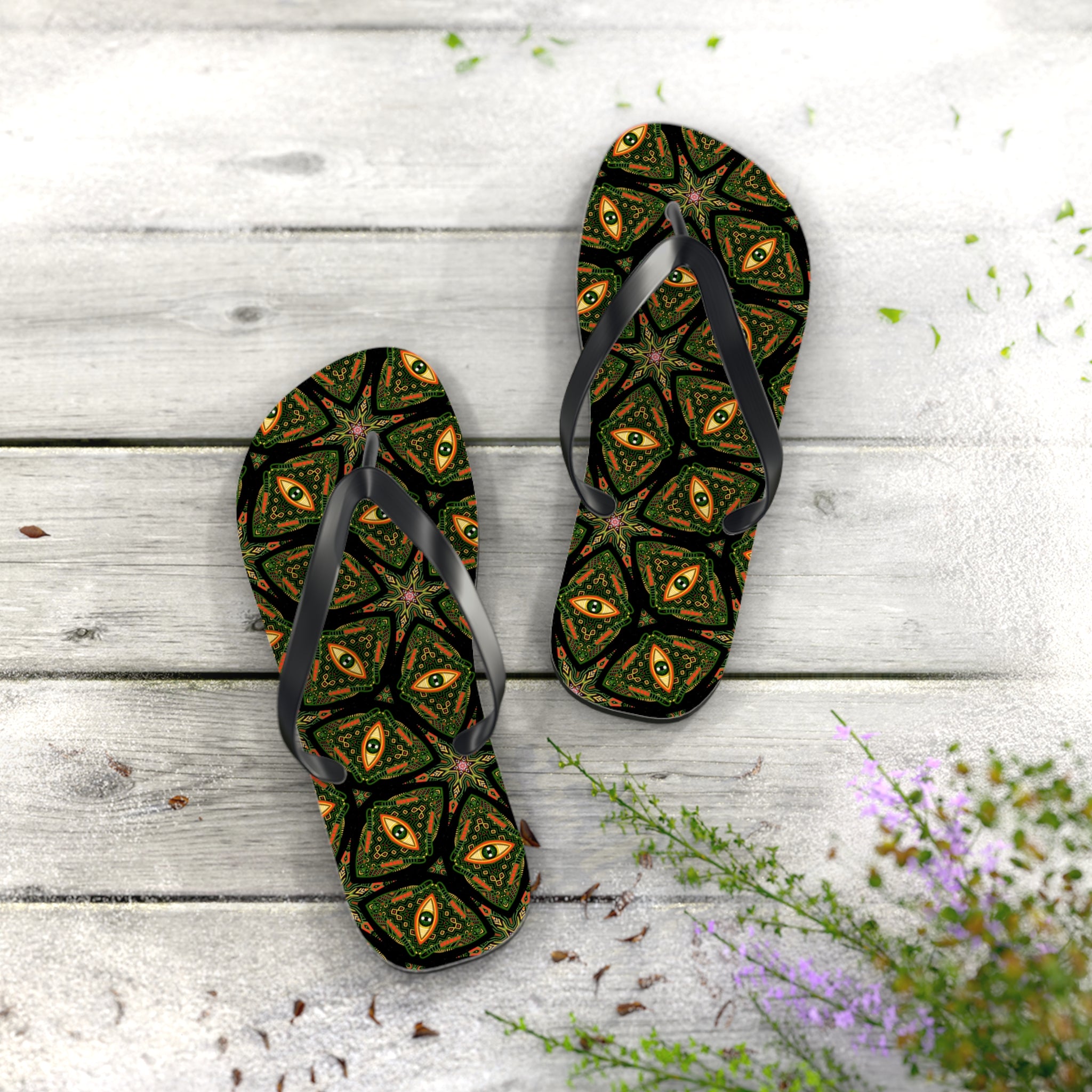 Kaleidoscope Green Pattern Flip Flops — Boho Summer Beach Sandals #k9753