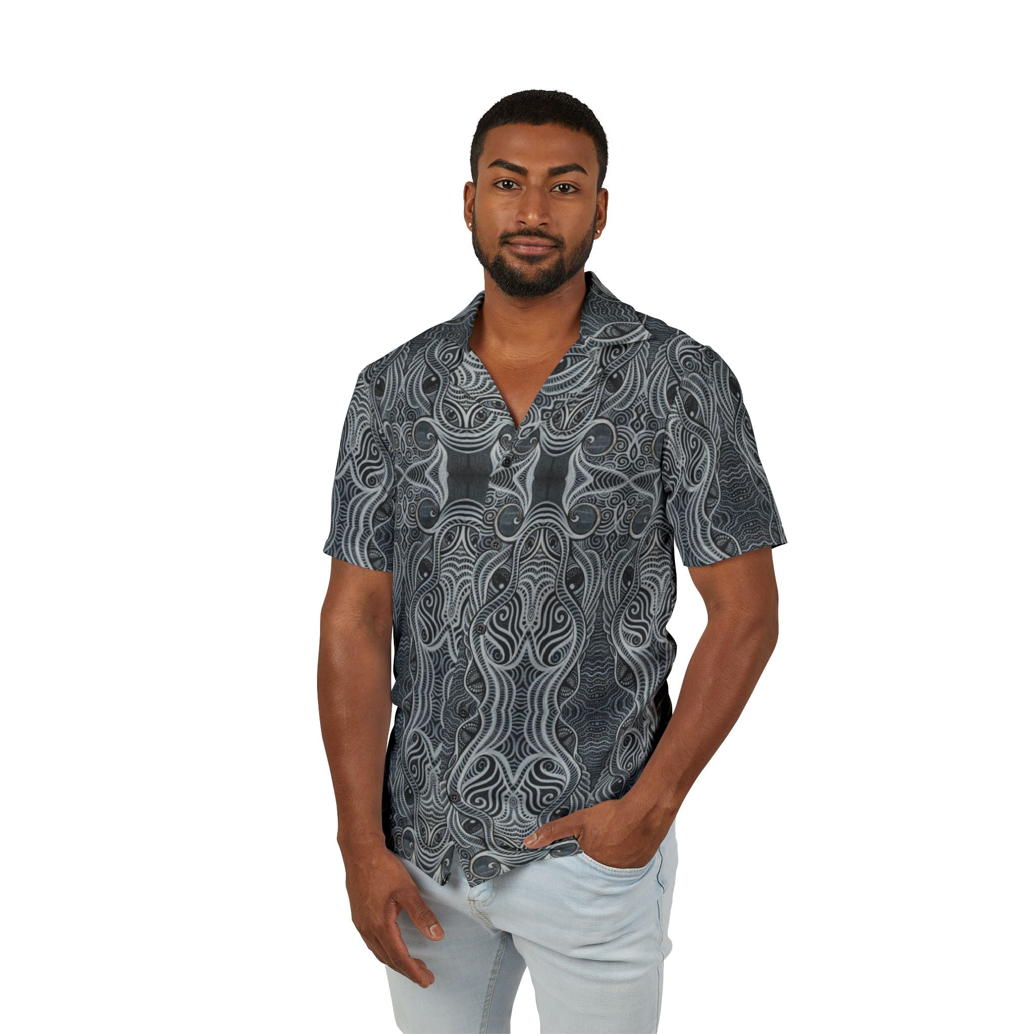 Men's Grey Tribal Pattern Hawaiian Shirt – Camp Collar AOP #yx44332277