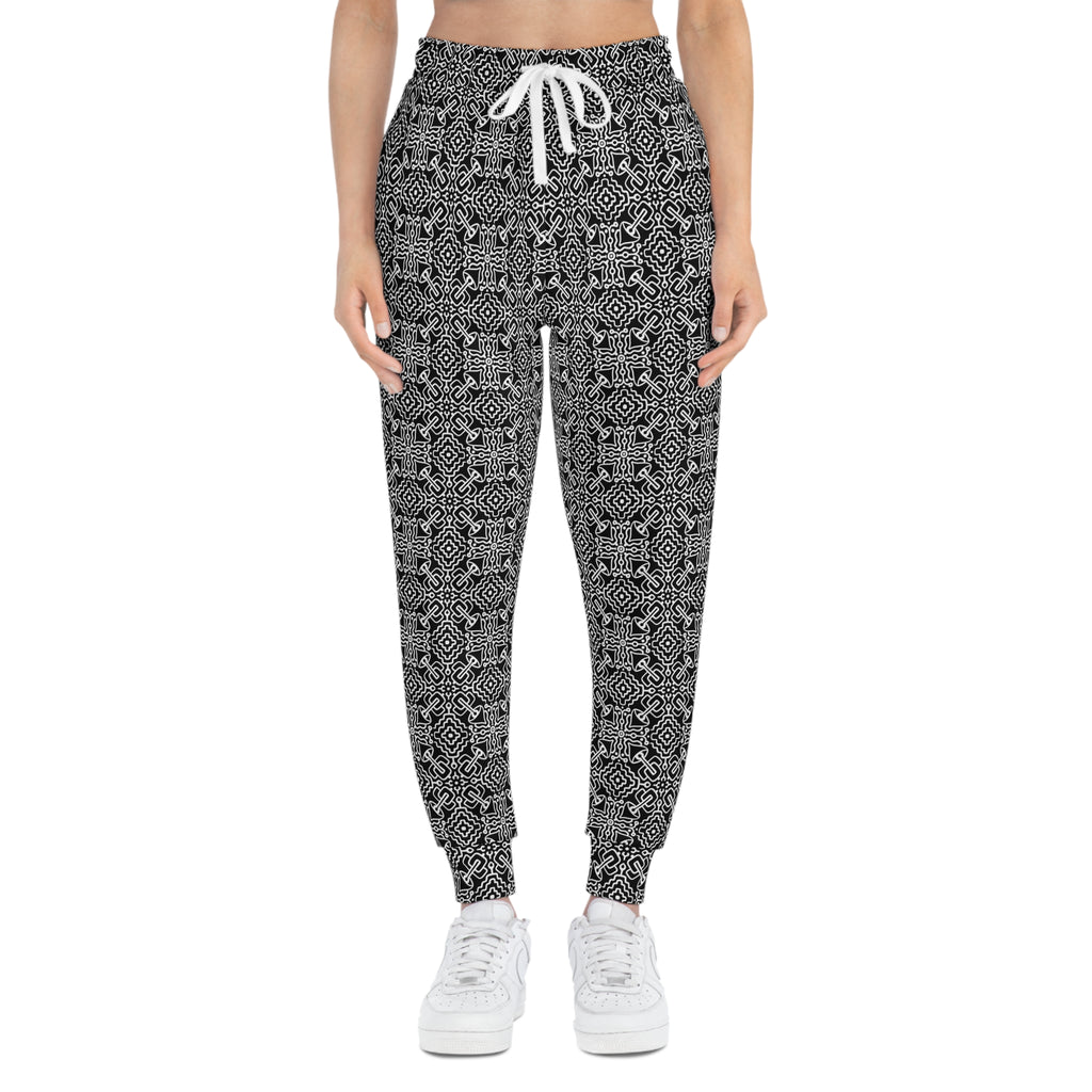 Black & White Geometric Pattern Joggers — All-Over-Print Athletic Pants #h98647