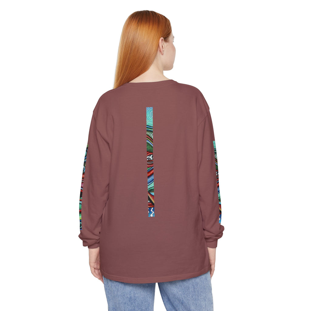 Psychedelic Starburst Long Sleeve Tee — Colorful Eye & Sleeve Stripe Design #k976344