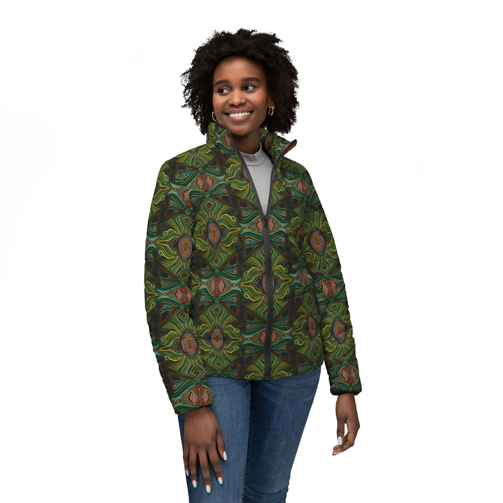Green Kaleidoscope Women's Puffer Jacket — All-Over Pattern Winter Coat  #pj1