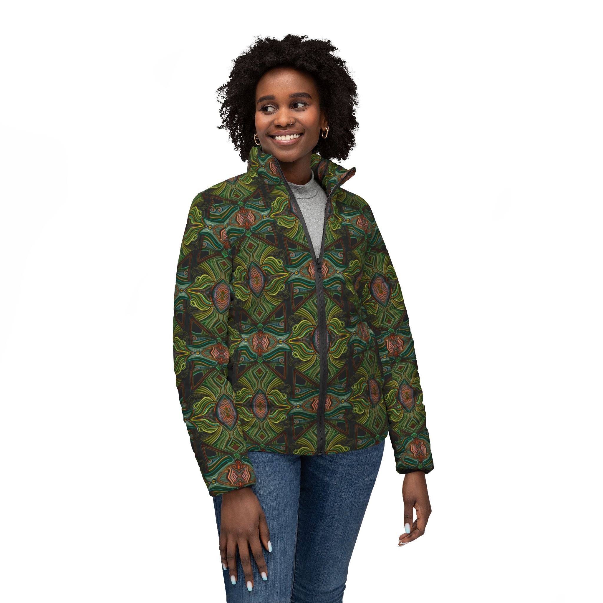 Green Kaleidoscope Women's Puffer Jacket — All-Over Pattern Winter Coat  #pj1