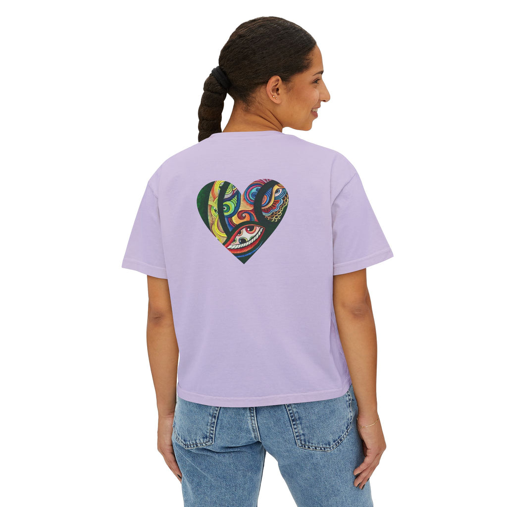 Women's Boxy Tee with Abstract Colorful Triangle (Front) & Heart (Back) Art — Casual Graphic Crop Top #hd9859