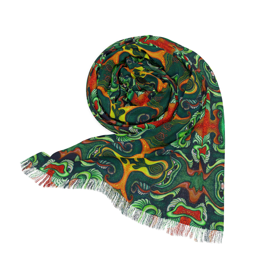 Bohemian Kaleidoscope Light Scarf — Green & Orange Abstract Pattern #k432887