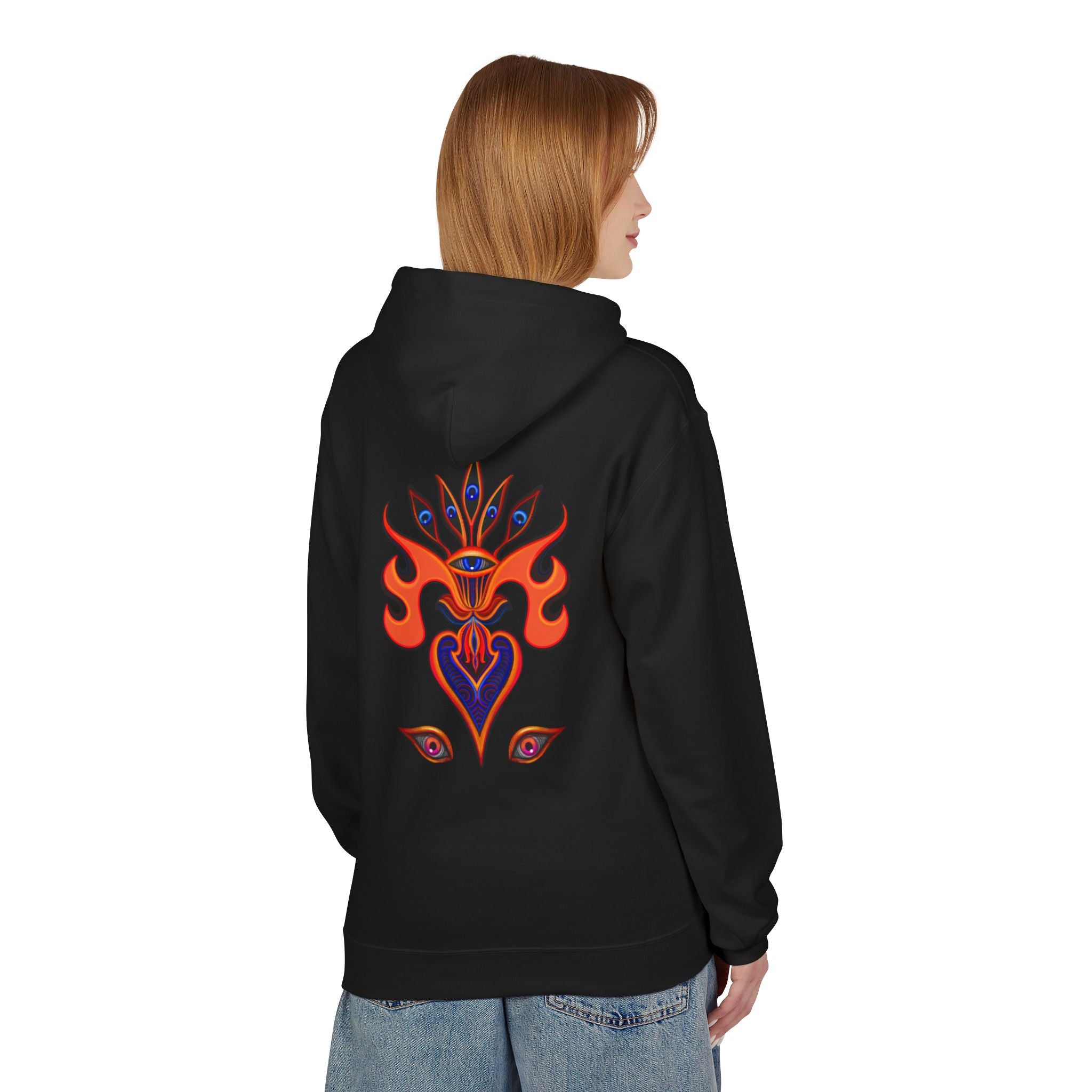 Psychedelic Third-Eye Heart Hoodie | Surreal Eye Motif, Flame Crown