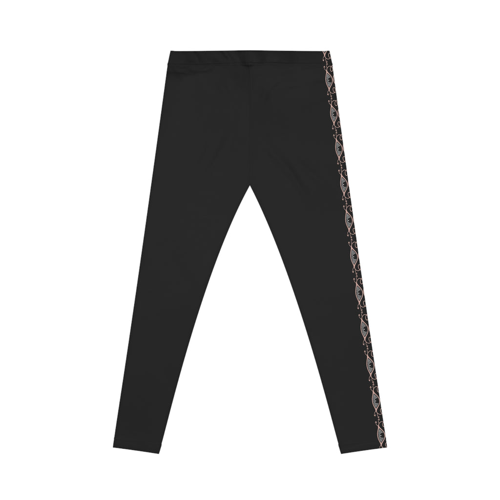 Black Side-Stripe Leggings with Subtle Floral Trim — Women's Casual Activewear #w457990