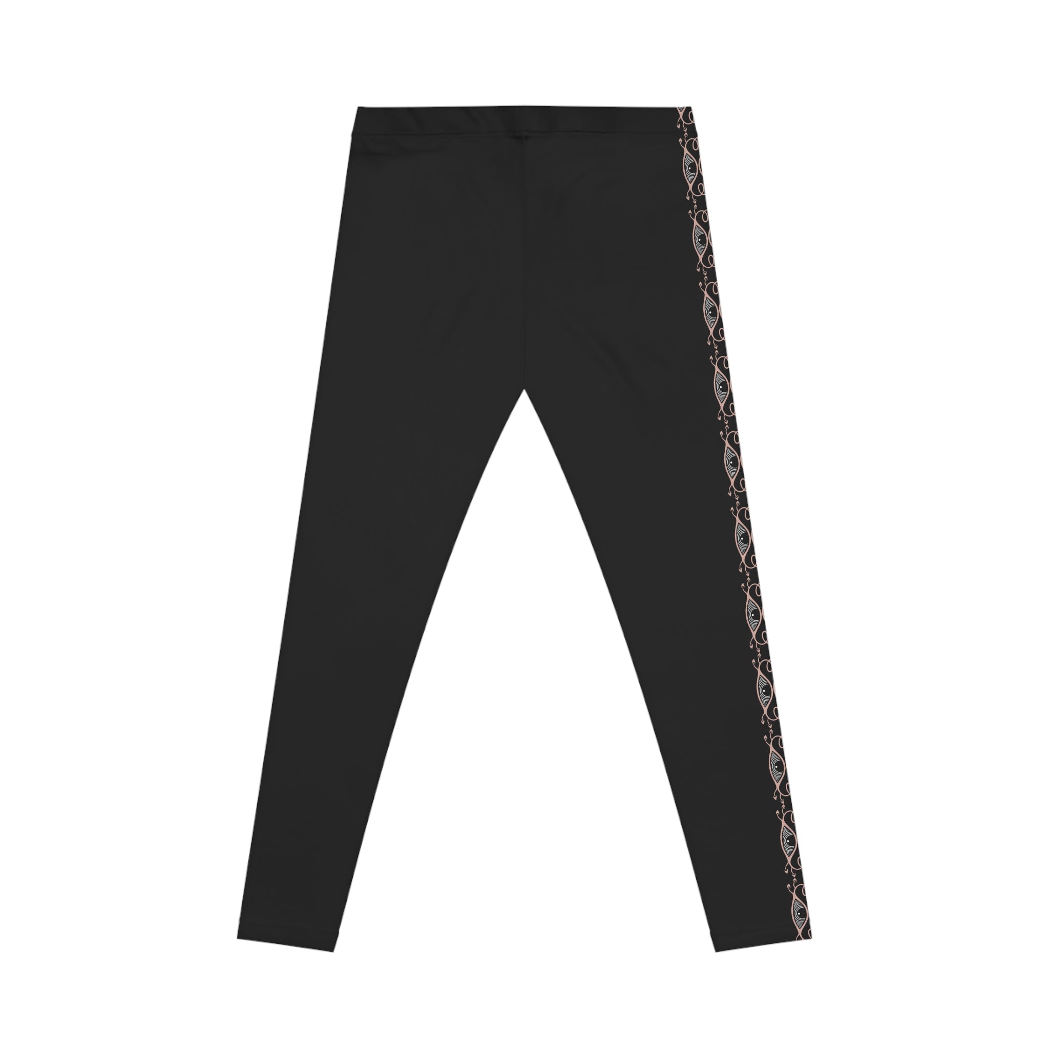 Black Side-Stripe Leggings with Subtle Floral Trim — Women's Casual Activewear #w457990