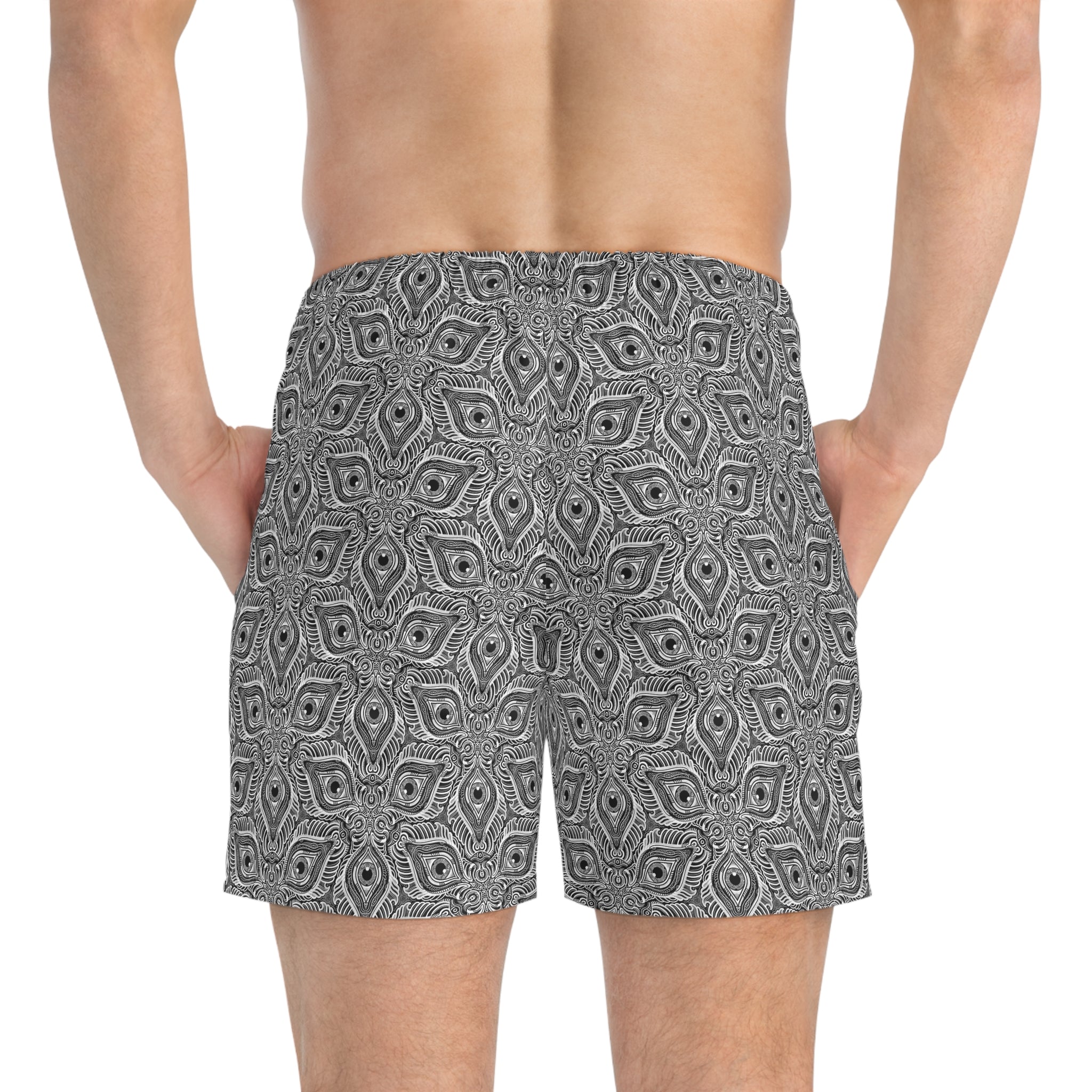 Monochrome Geometric Swim Trunks — Kaleidoscope Tile Pattern #st3