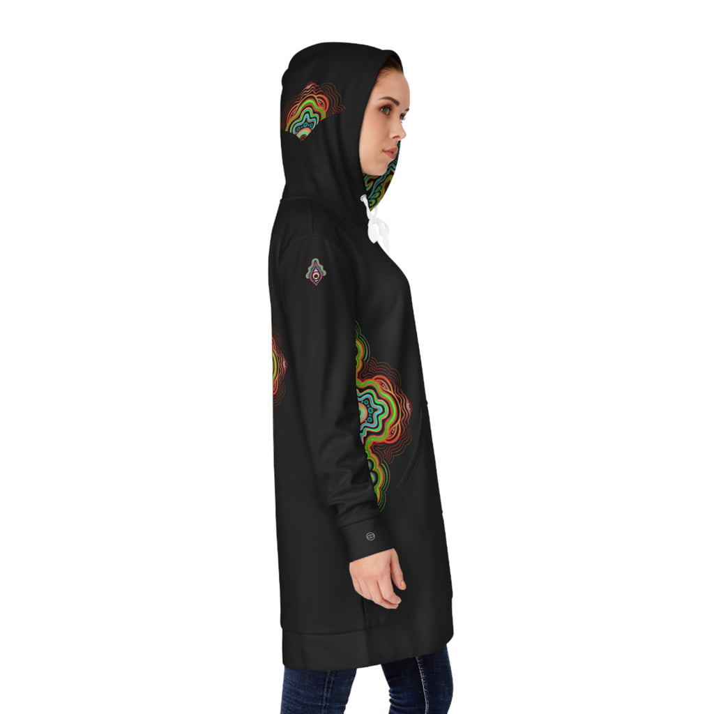 Mandala Glow Hoodie Dress - Women's Black AOP Pullover #hd4