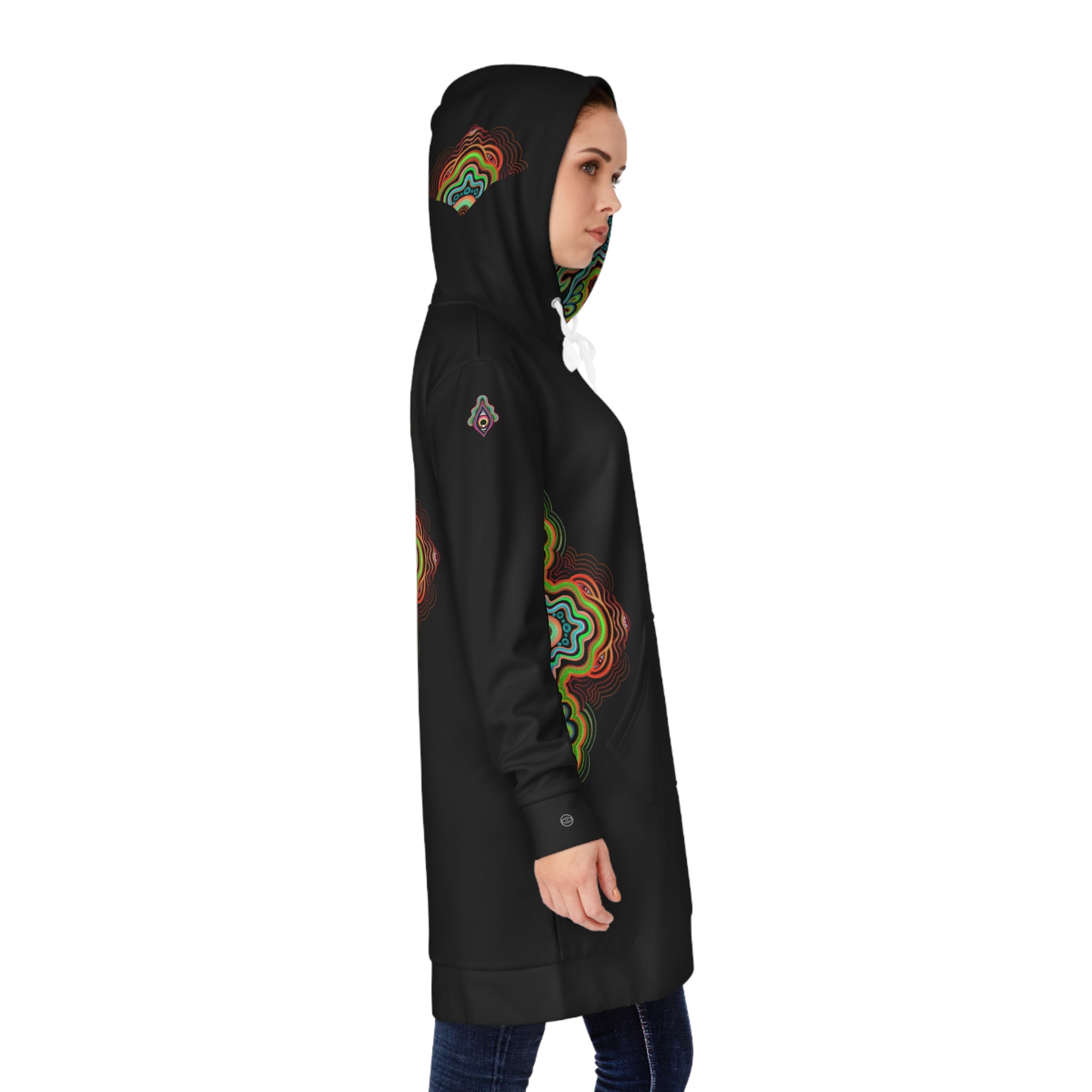 Mandala Glow Hoodie Dress - Women's Black AOP Pullover #hd4