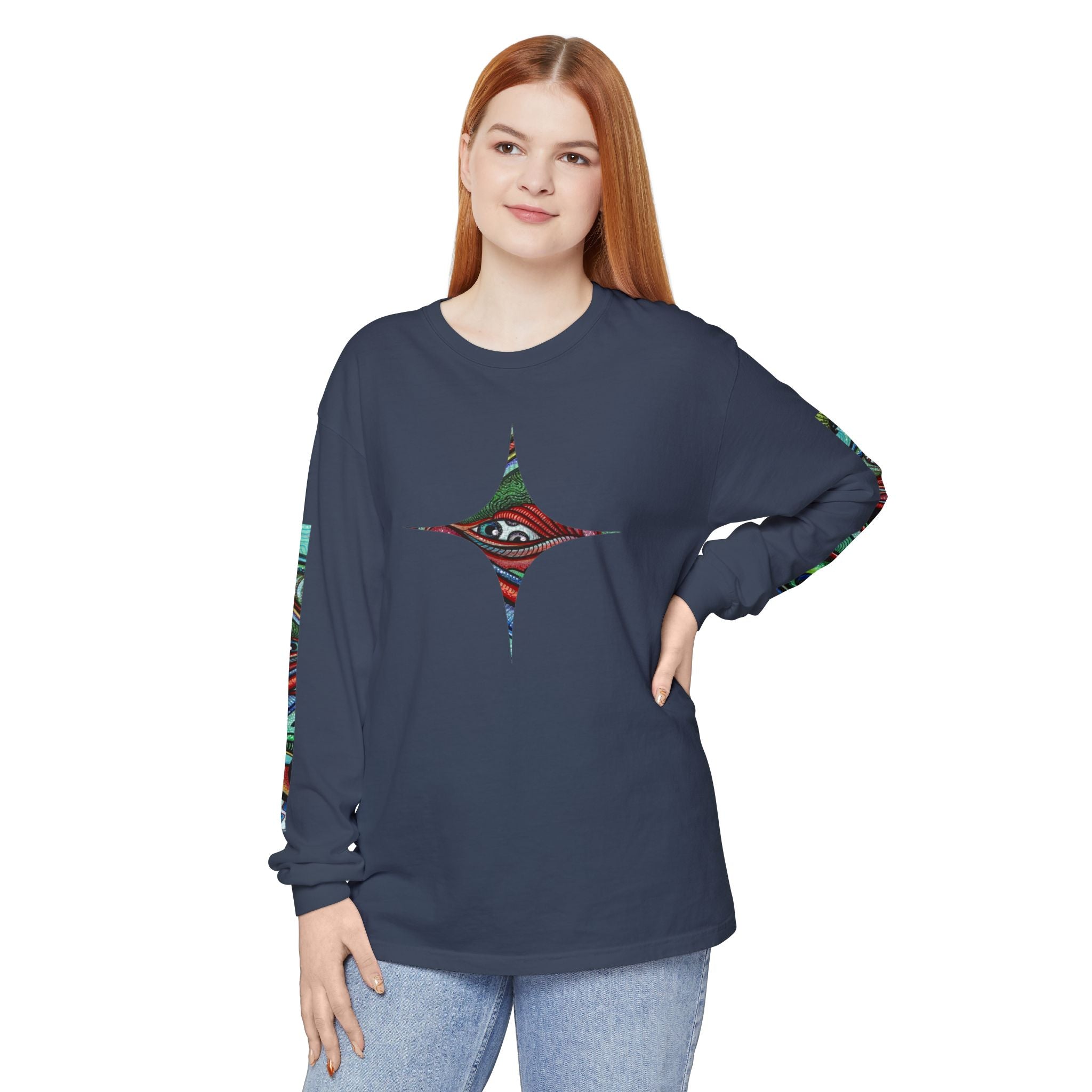Psychedelic Starburst Long Sleeve Tee — Colorful Eye & Sleeve Stripe Design #k976344