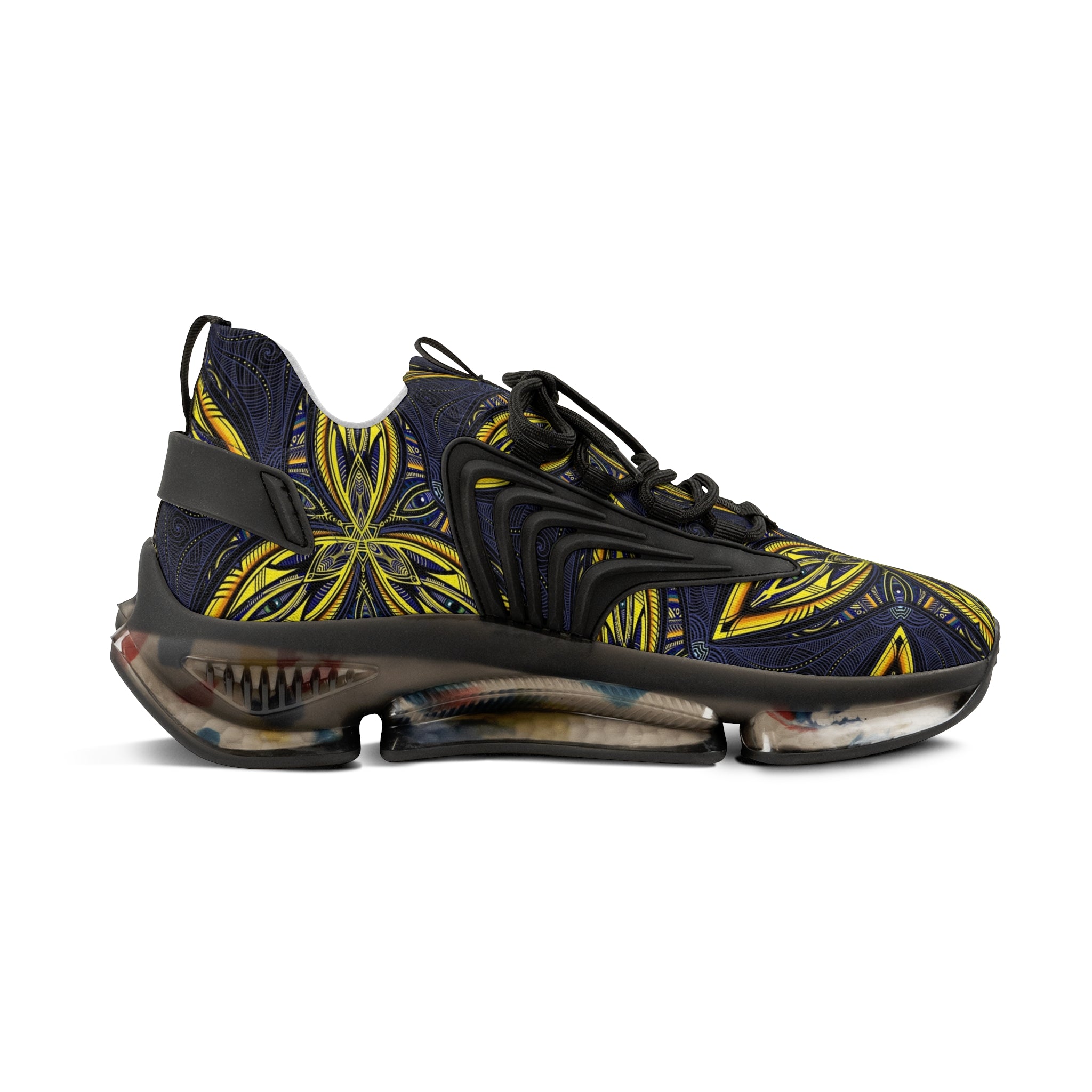 Men's Mesh Sneakers — Bold Yellow Floral Pattern Athletic Shoes #vj78794
