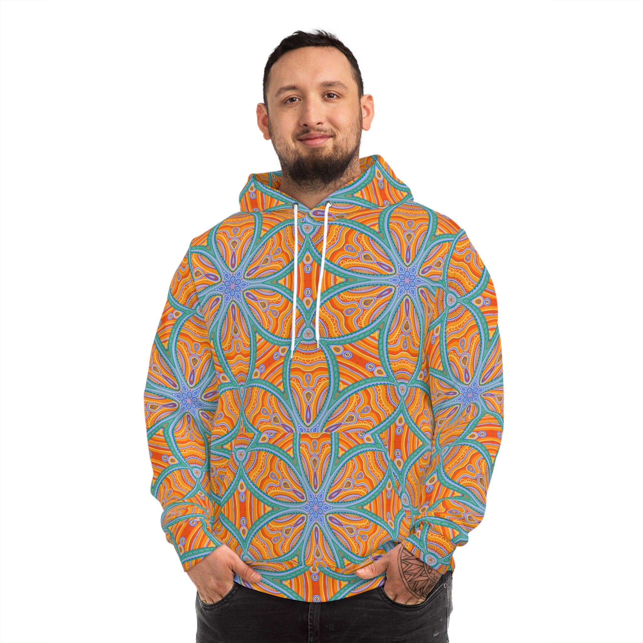 Abstract Psychedelic Pattern Hoodie — Orange Blue Geometric AOP #f9346789