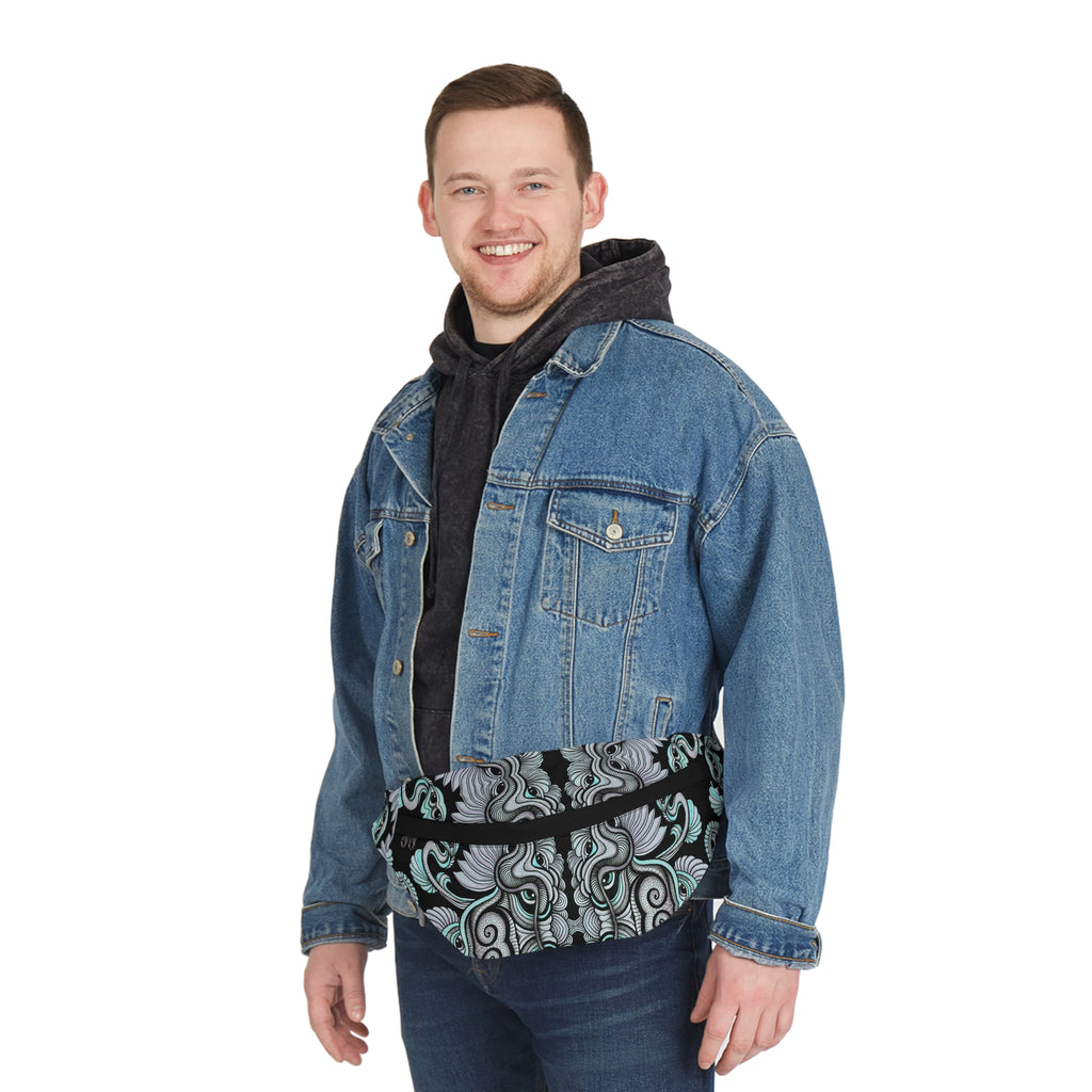 Large Fanny Pack — Black & Teal Ornate Pattern Waist Bag #wp23