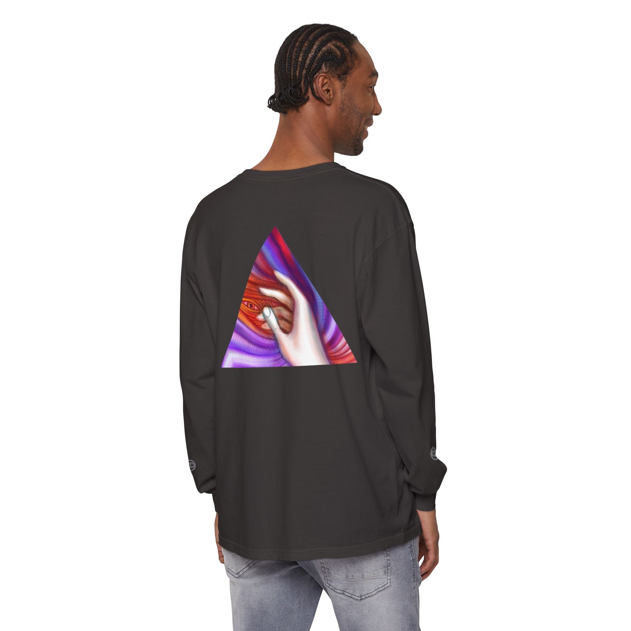 Long Sleeve T-Shirt — Triangular Hand Art Graphic (White) #sh26774