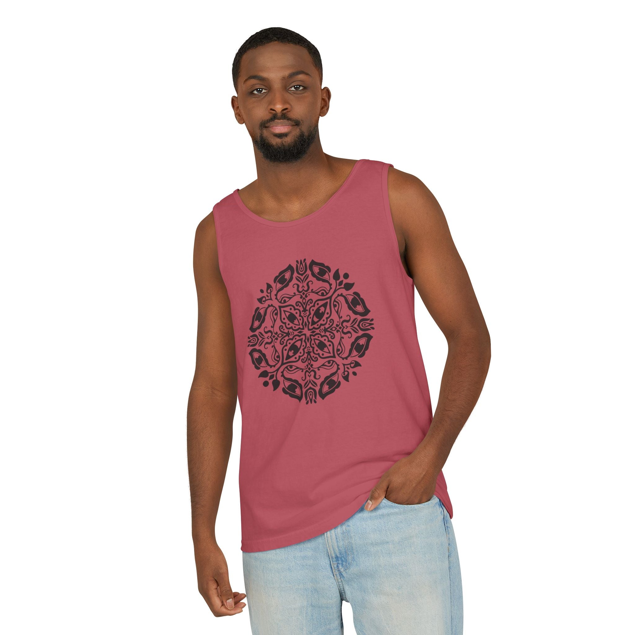 Boho Mandala Tank Top — Black Floral Circular Graphic Tank #fr3