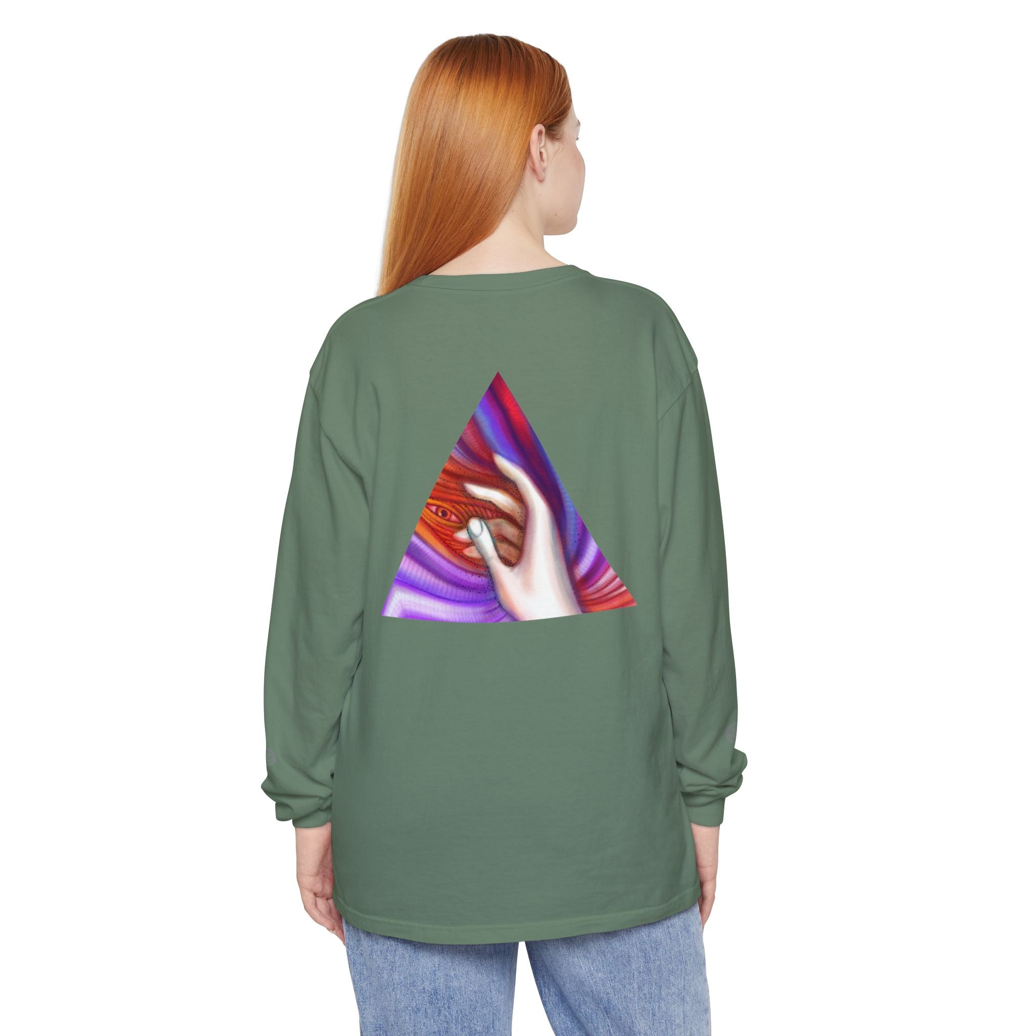Long Sleeve T-Shirt — Triangular Hand Art Graphic (White) #sh26774