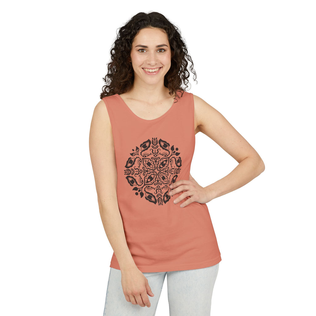 Boho Mandala Tank Top — Black Floral Circular Graphic Tank #fr3