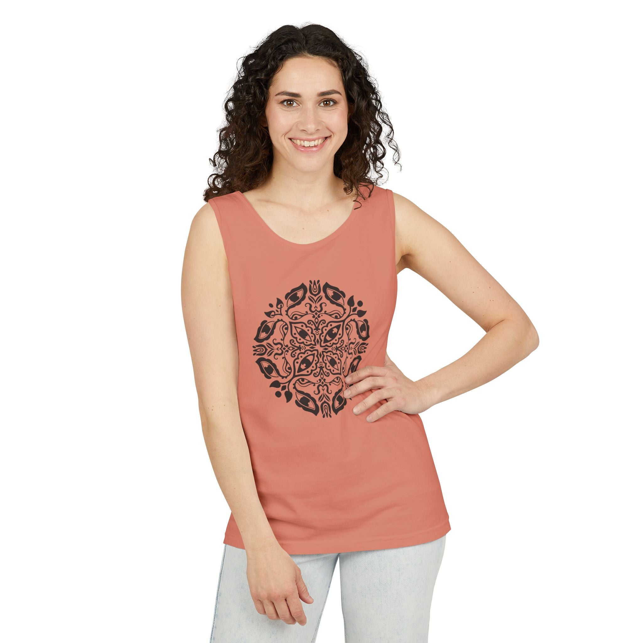 Boho Mandala Tank Top — Black Floral Circular Graphic Tank #fr3