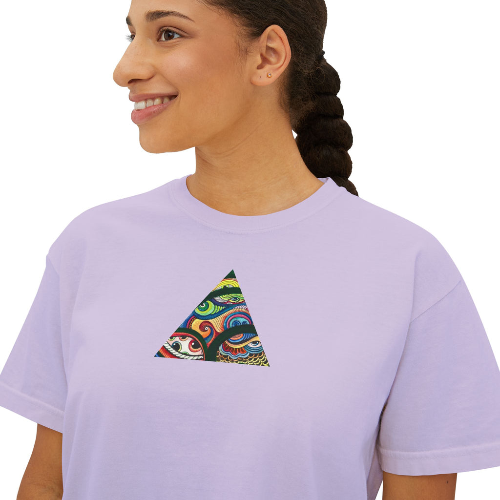 Women's Boxy Tee with Abstract Colorful Triangle (Front) & Heart (Back) Art — Casual Graphic Crop Top #hd9859