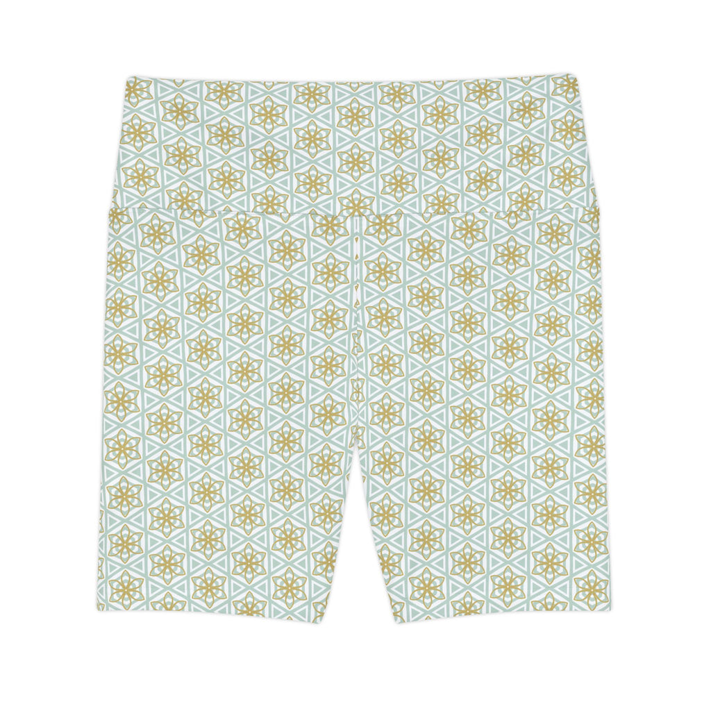 Geometric Tile Print Women's Workout Shorts — Mint & Gold AOP Activewear #d24245