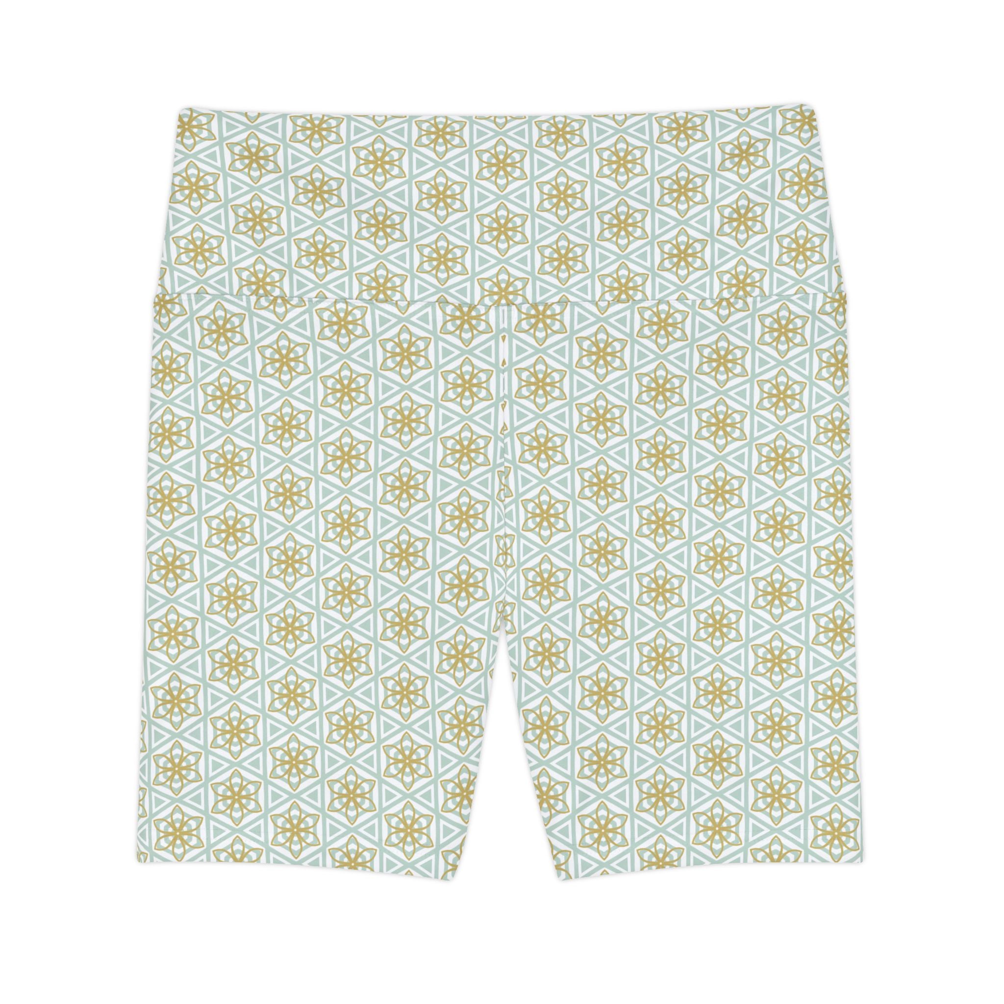 Geometric Tile Print Women's Workout Shorts — Mint & Gold AOP Activewear #d24245