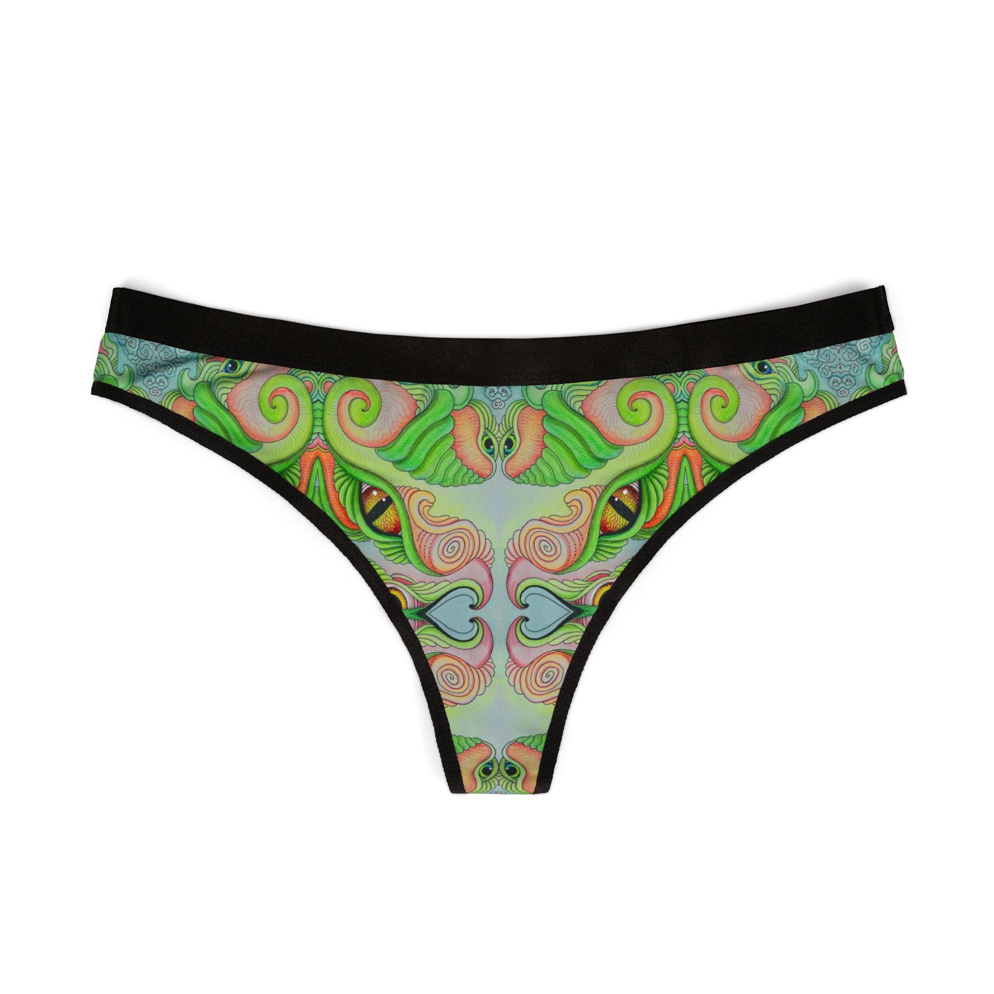 Green Psychedelic Pattern Thong — Women's Vibrant All-Over-Print Underwear #jg6632