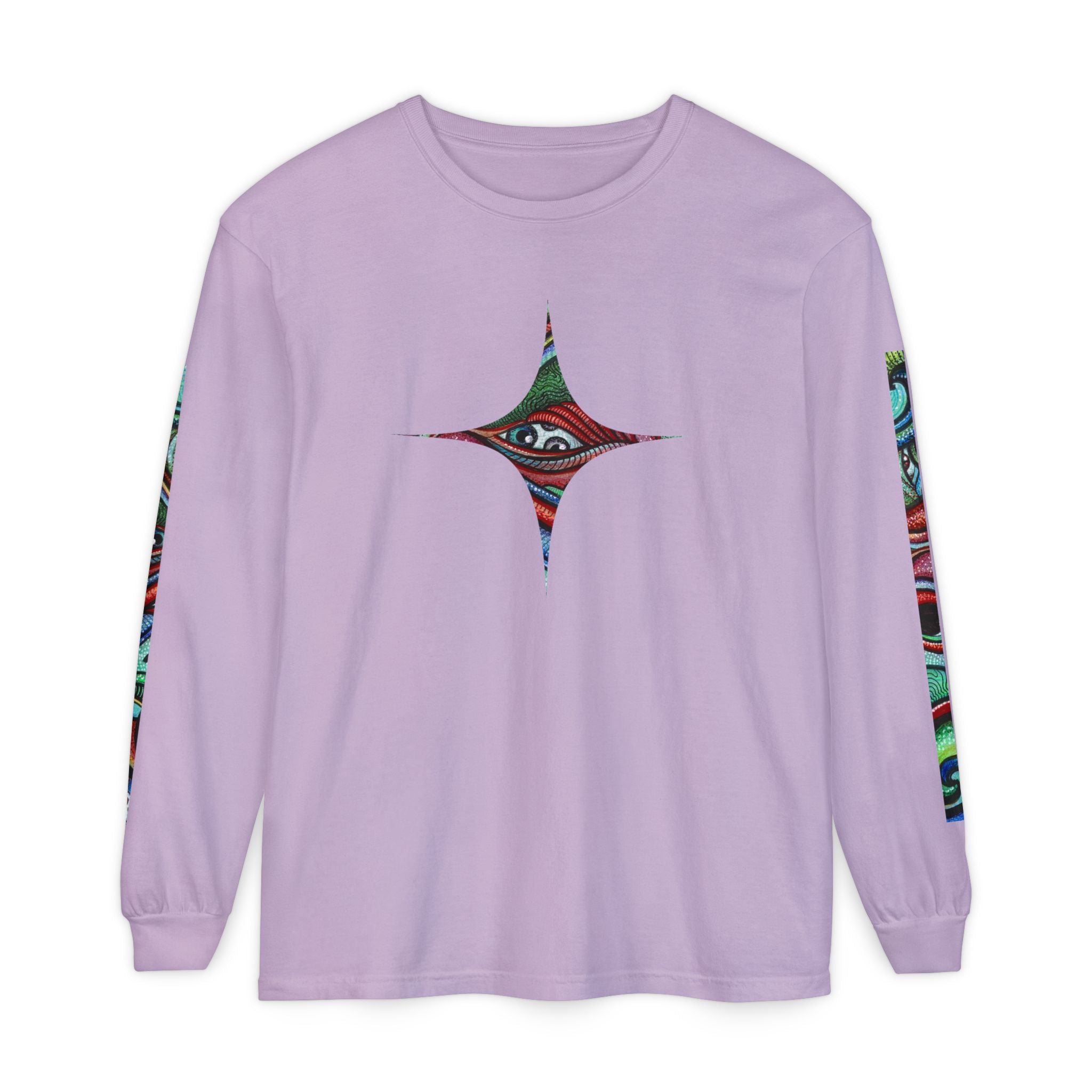 Psychedelic Starburst Long Sleeve Tee — Colorful Eye & Sleeve Stripe Design #k976344