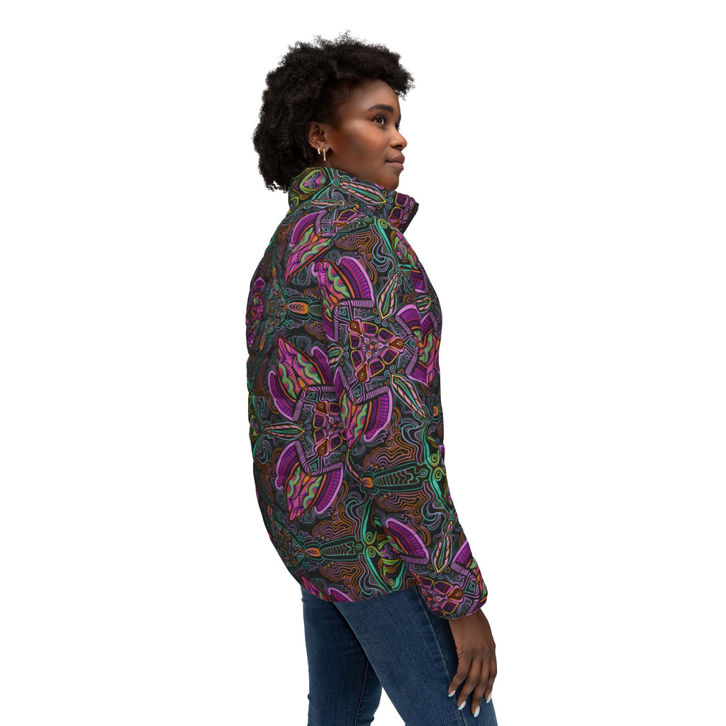 Puffer Jacket — Psychedelic Floral Kaleidoscope Print, Women's All-Over Pattern #pj469