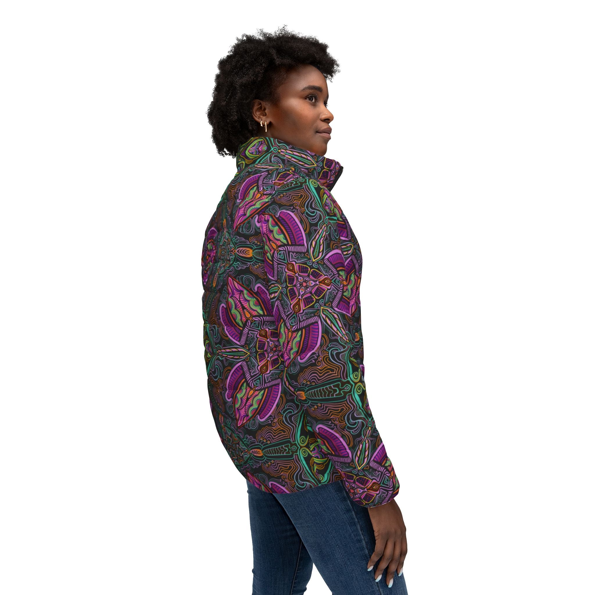 Puffer Jacket — Psychedelic Floral Kaleidoscope Print, Women's All-Over Pattern #pj469
