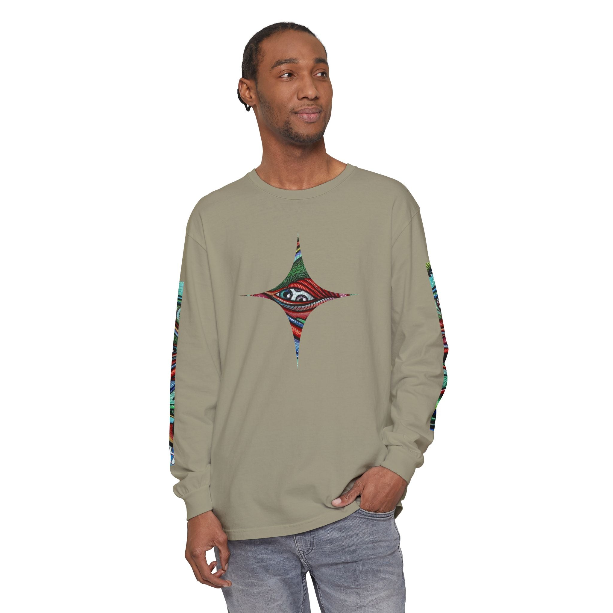 Psychedelic Starburst Long Sleeve Tee — Colorful Eye & Sleeve Stripe Design #k976344