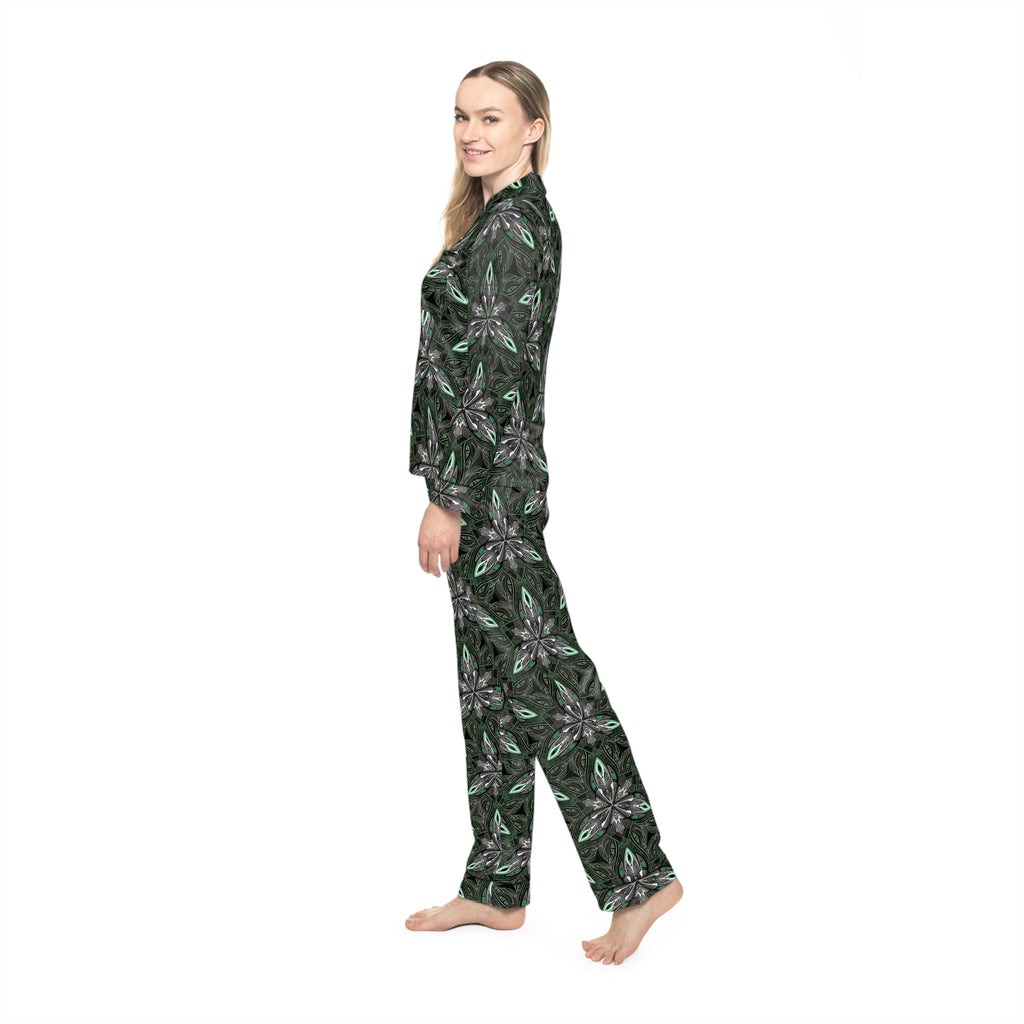 Satin Pajama Set — Green Floral Kaleidoscope Women's Sleepwear #gdc7643