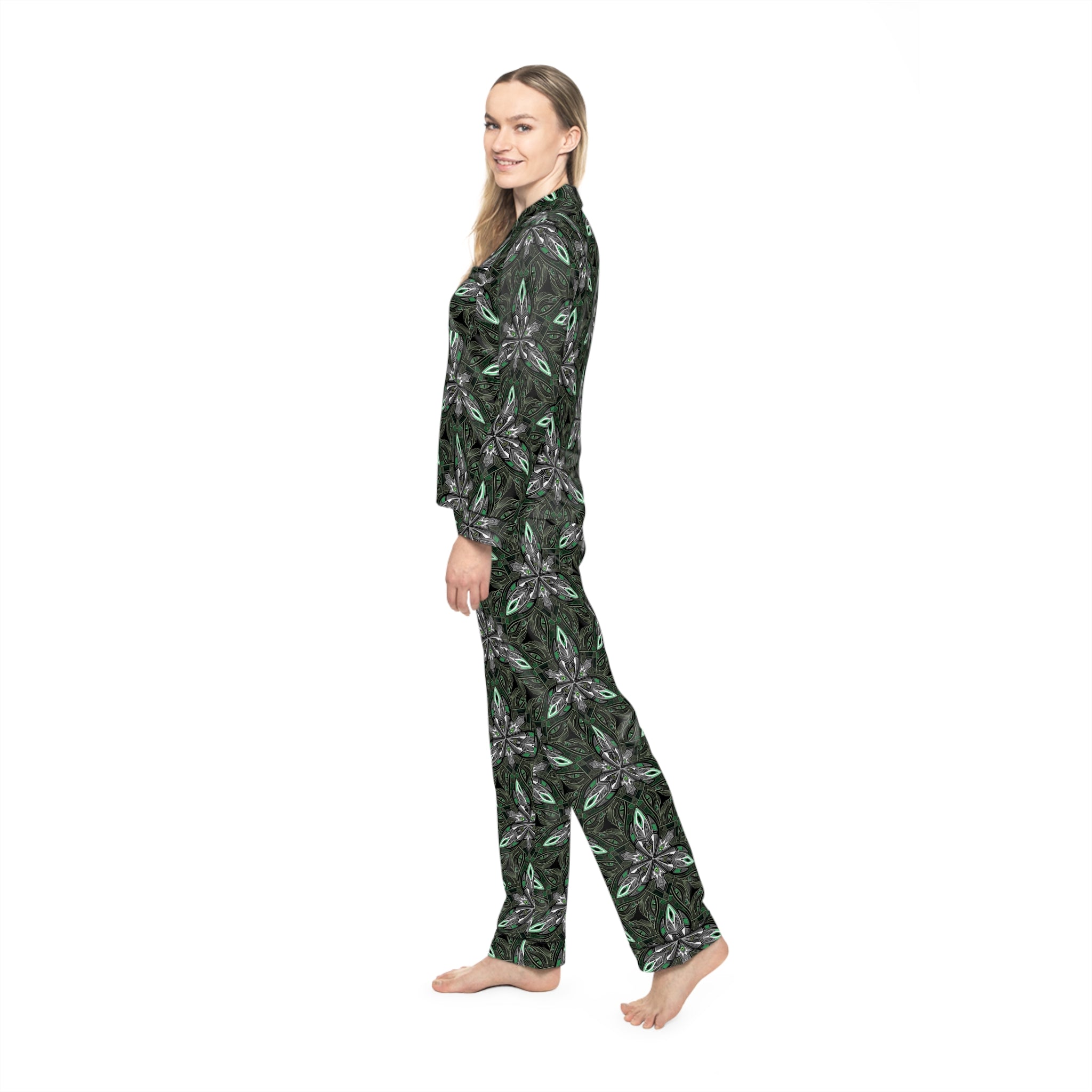 Satin Pajama Set — Green Floral Kaleidoscope Women's Sleepwear #gdc7643
