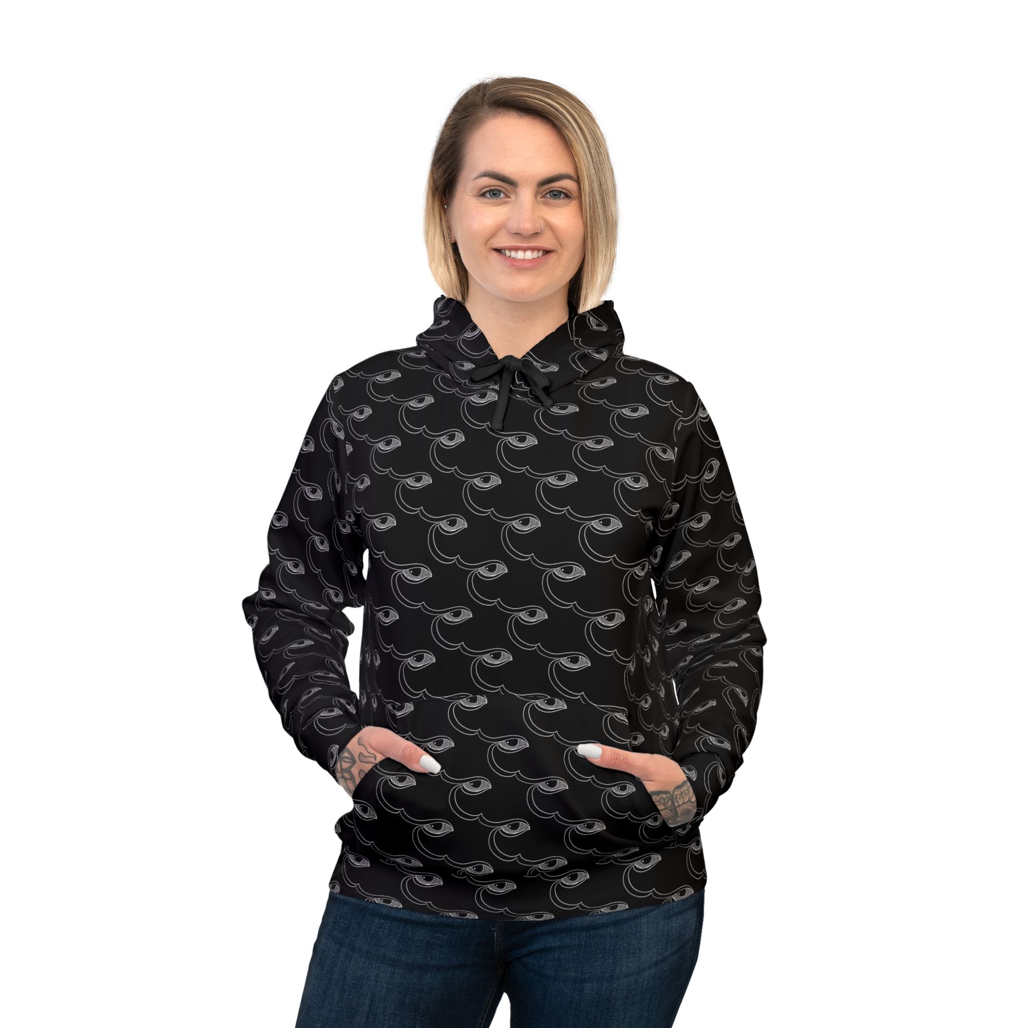 All-Over Print Black Wave Pattern Hoodie — Athletic Graphic Pullover #ur8373597