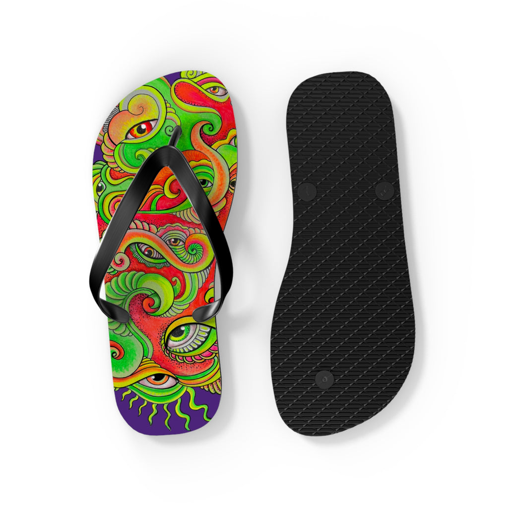 Psychedelic Eye Pattern Flip Flops — Colorful Trippy Summer Sandals #s873455211