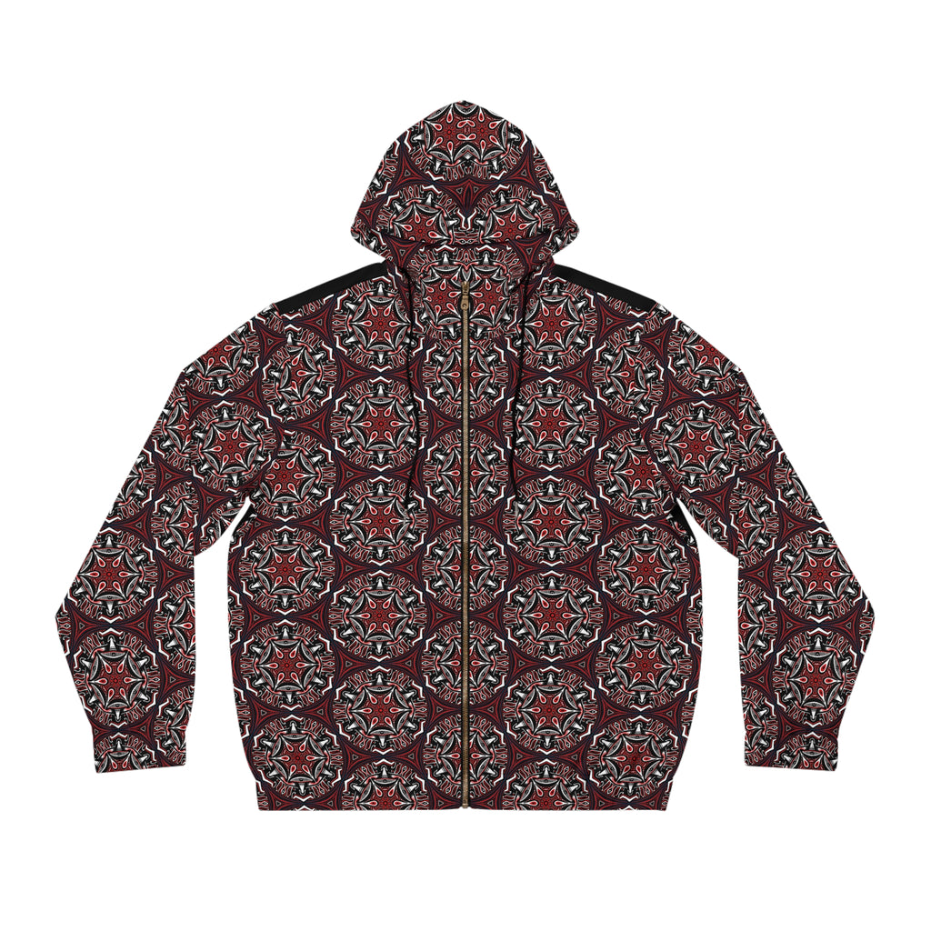 Men's Full-Zip Hoodie — Geometric Red Kaleidoscope Pattern #h764468