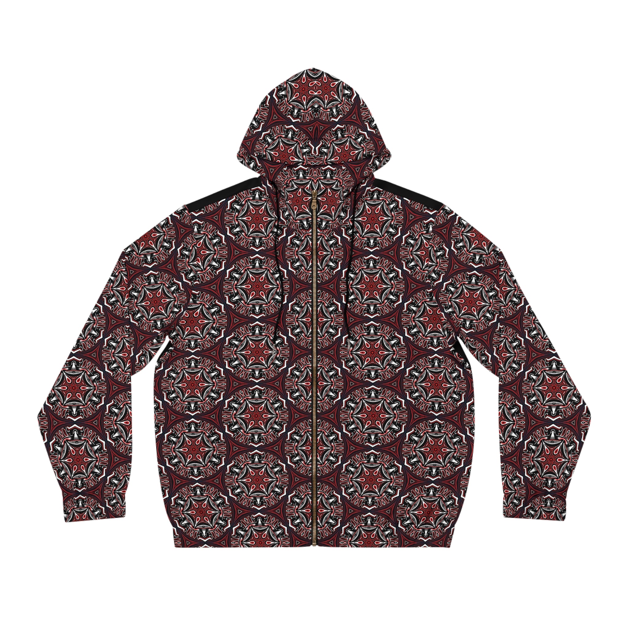 Men's Full-Zip Hoodie — Geometric Red Kaleidoscope Pattern #h764468