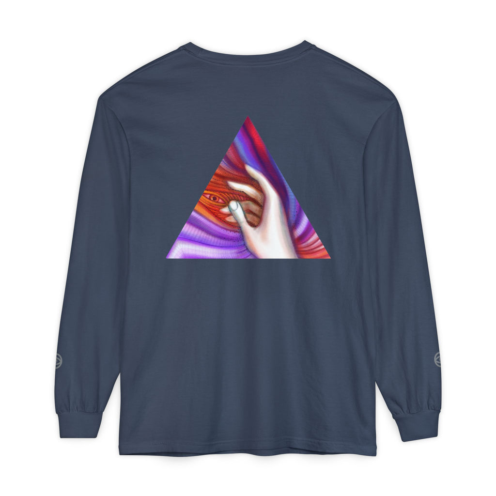 Long Sleeve T-Shirt — Triangular Hand Art Graphic (White) #sh26774
