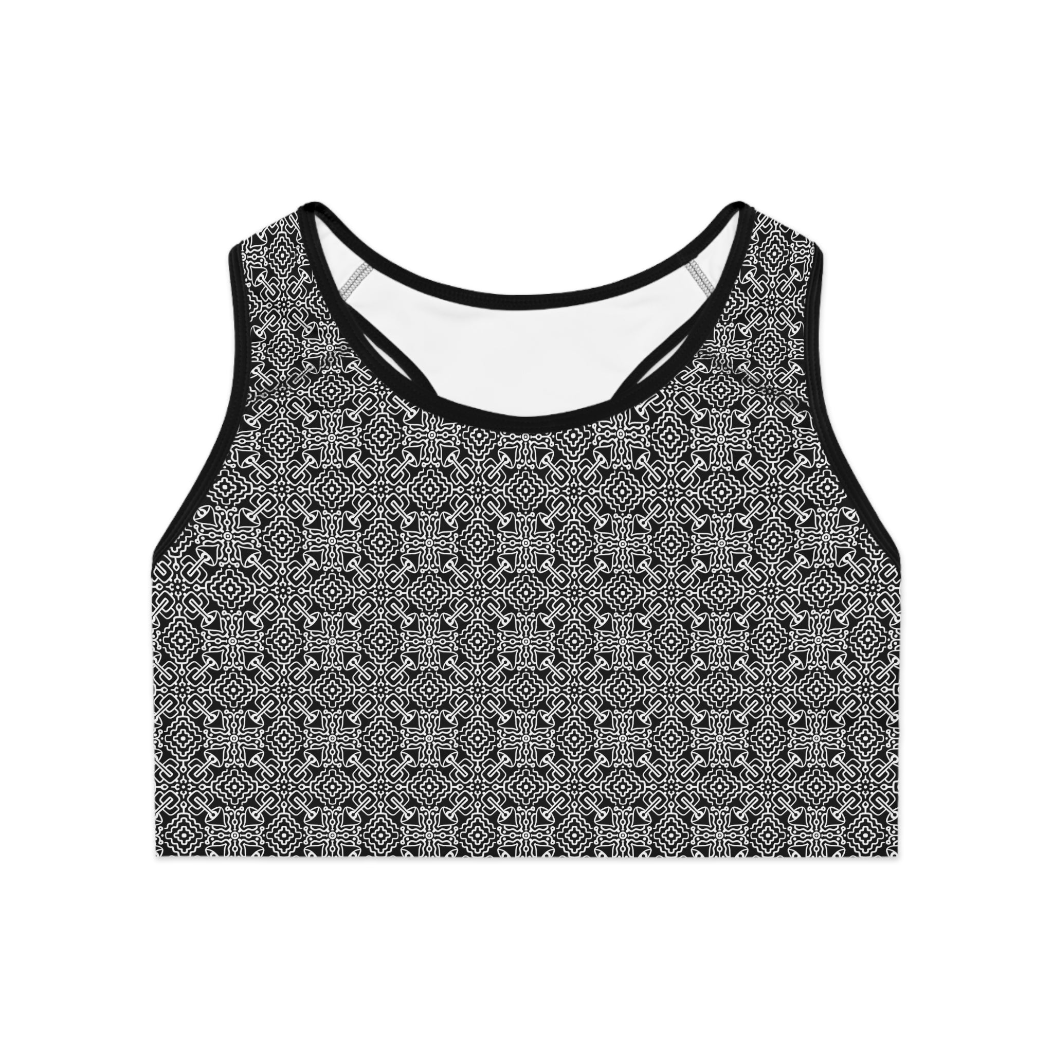 Black Geometric Pattern Sports Bra — All-Over Print Yoga Crop Top #gf9865
