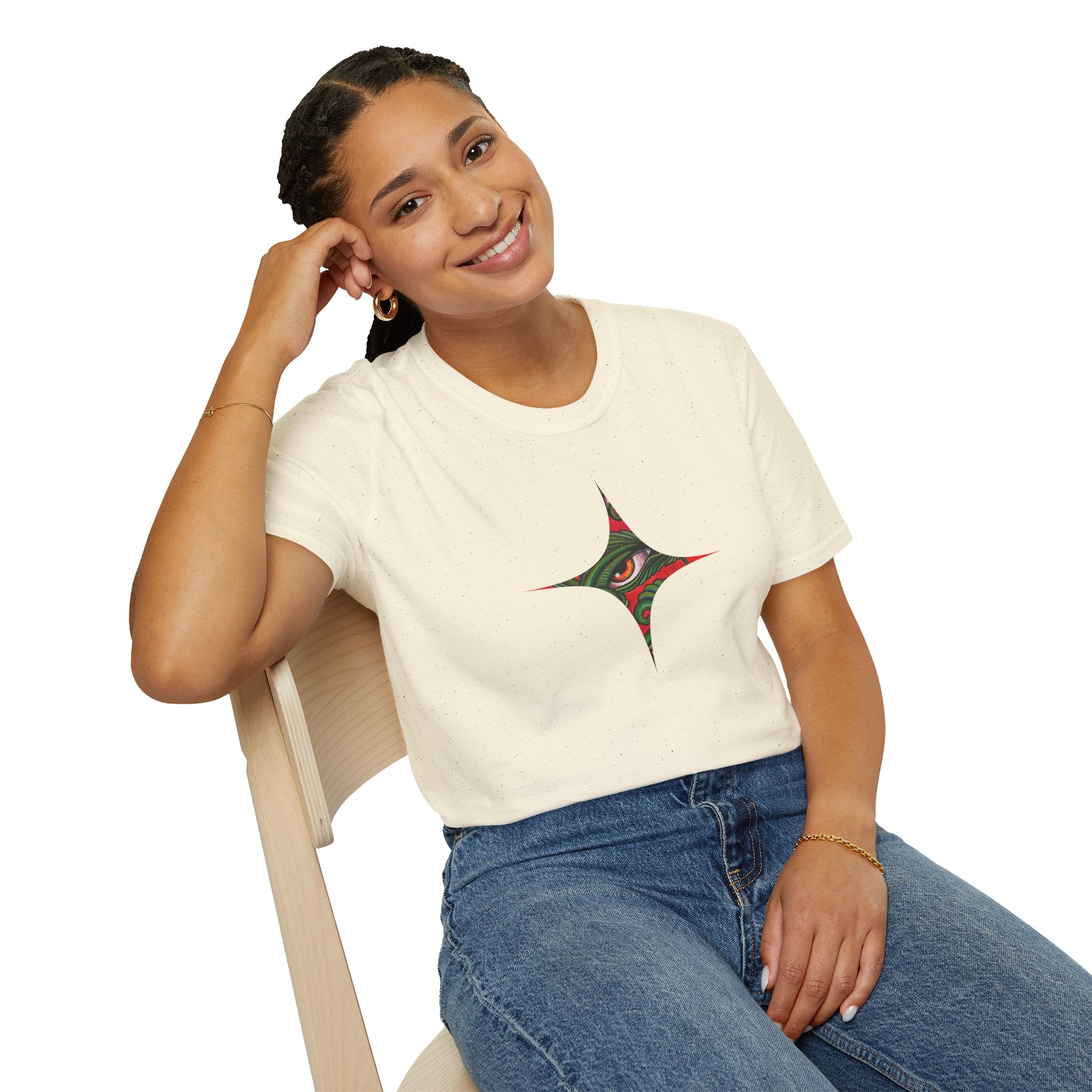 Geometric Tribal Eye Tee — Abstract Red & Green Triangle Graphic T-Shirt #sx432177