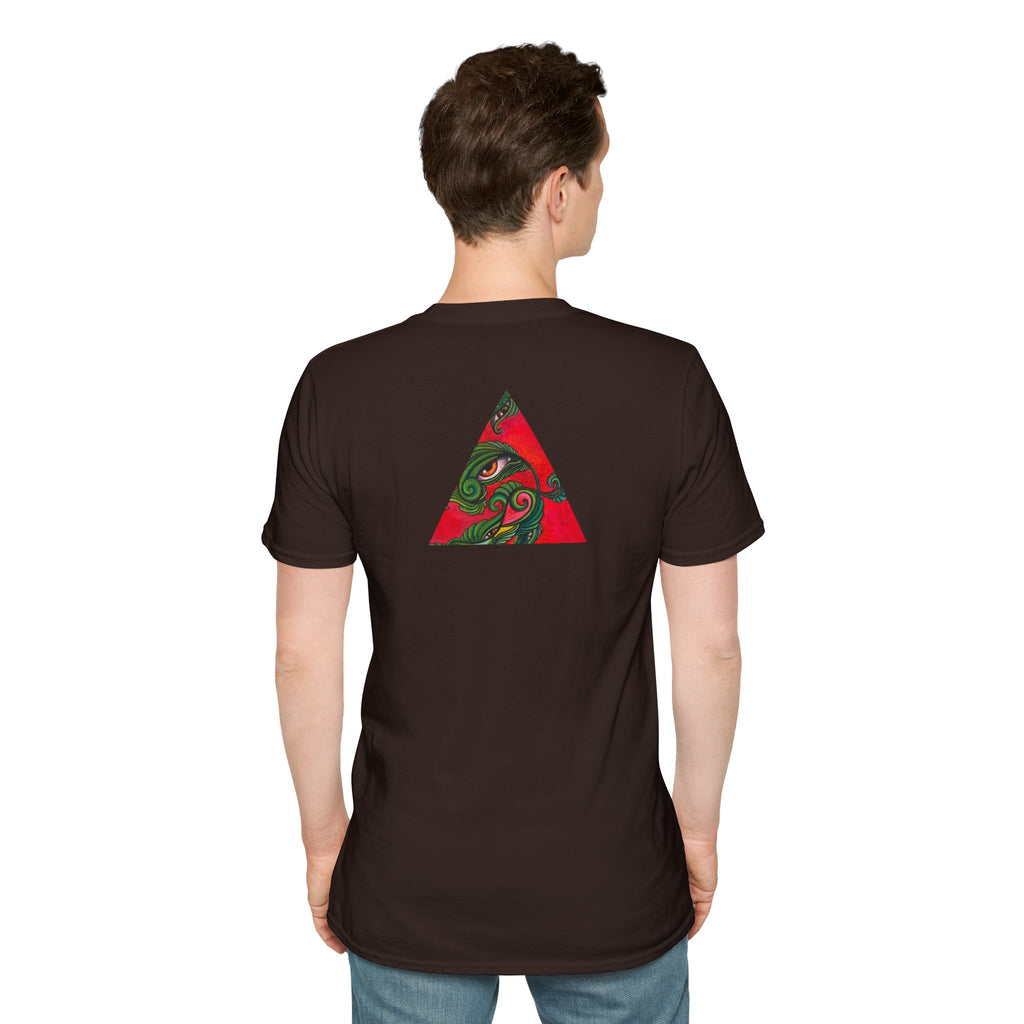 Geometric Tribal Eye Tee — Abstract Red & Green Triangle Graphic T-Shirt #sx432177