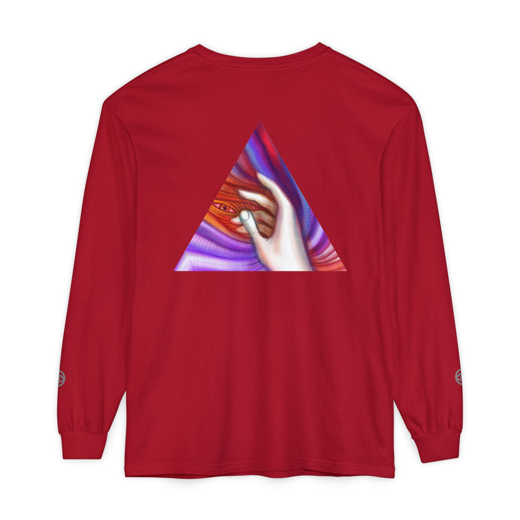 Long Sleeve T-Shirt — Triangular Hand Art Graphic (White) #sh26774